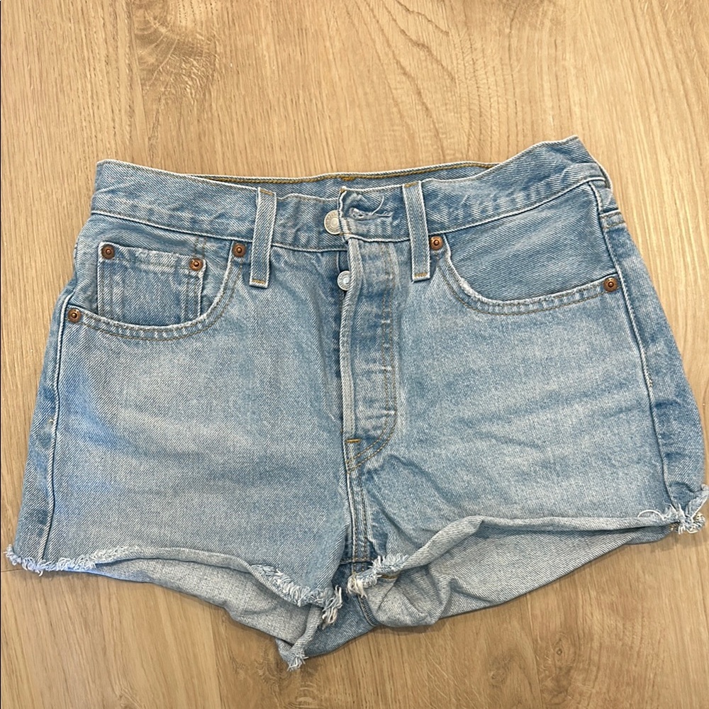 Levi's Blue Jean Shorts with Frayed Hem and Distressed Look